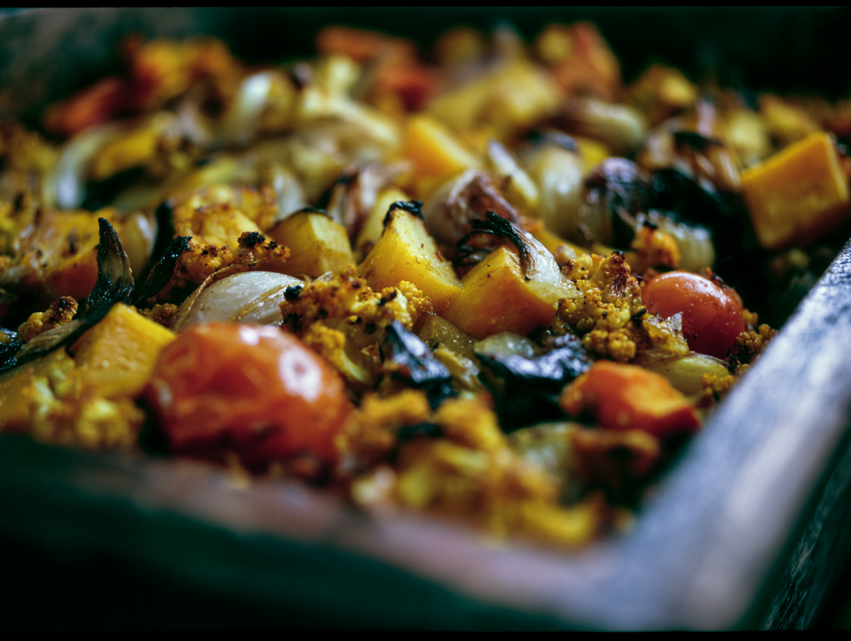 Herbstgemüse aus dem Ofen mit Kürbis, Karotten, Kartoffeln und Gewürzen auf einem Backblech, knusprig geröstet und goldbraun gebacken.