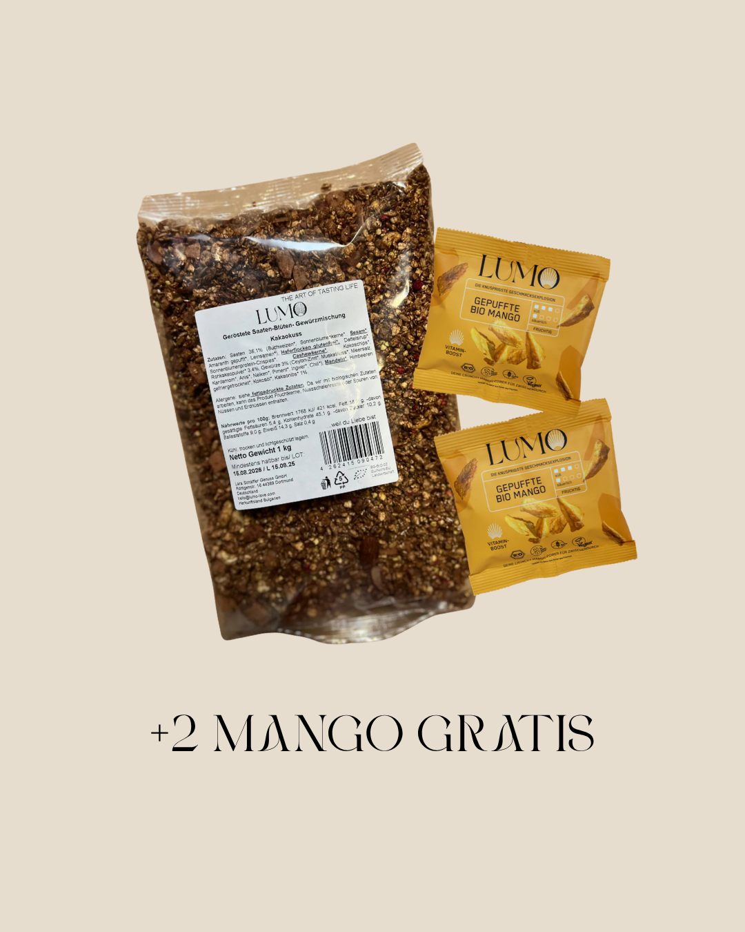 1kg Kakaokuss + 2 Bio gepuffte Mango gratis