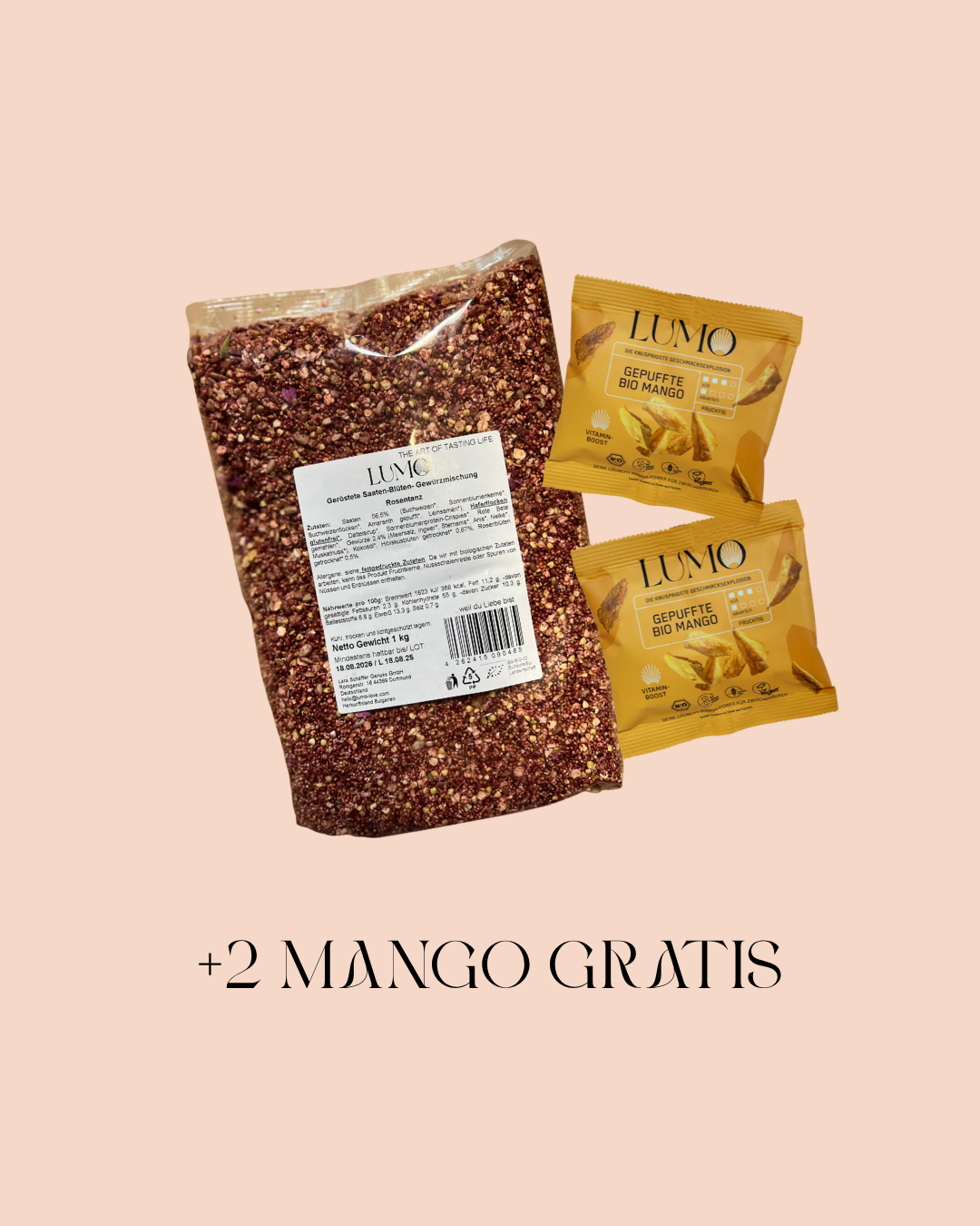 1kg Rosentanz + 2 Bio gepuffte Mango gratis