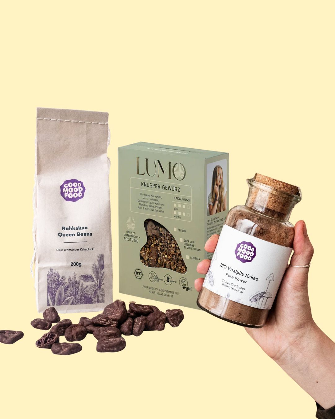 Cacao Lover Bundle: LUMO Kakaokuss, Kakaobohnen Queen Beans & Vitalpilz Kakao